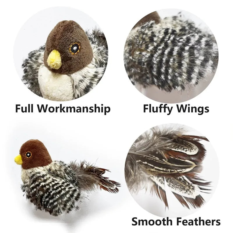 Interactive chirping bird cat toy made of velvet, 5.7x2.8x2.2 inches, with feather and ring for play.
