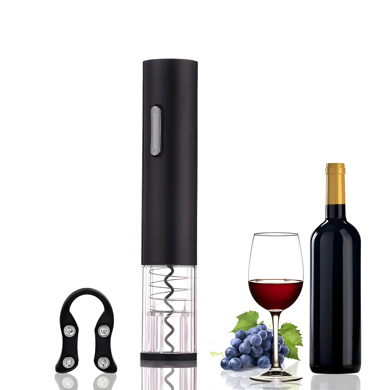 Black electric wine bottle opener with automatic corkscrew and foil cutter on a kitchen counter