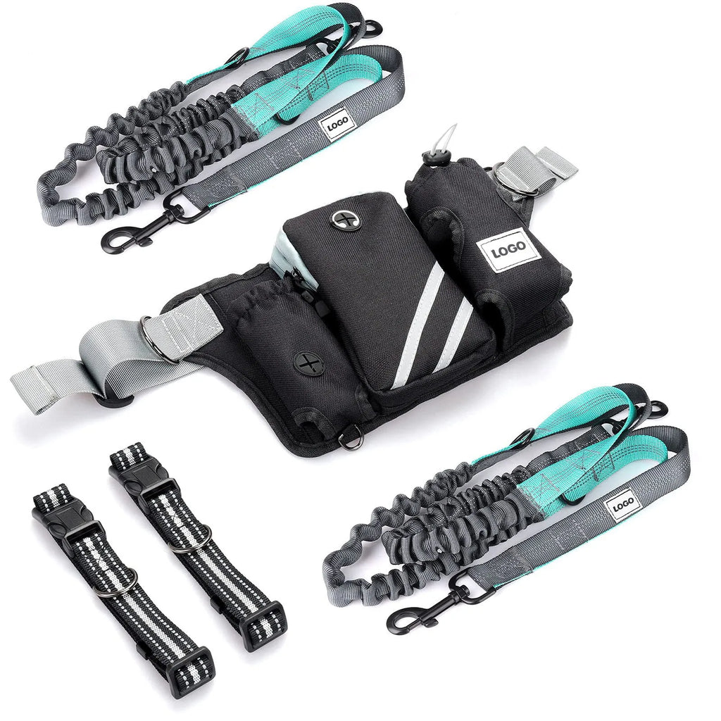 Black nylon dog walking set with waist bag and leash for outdoor use