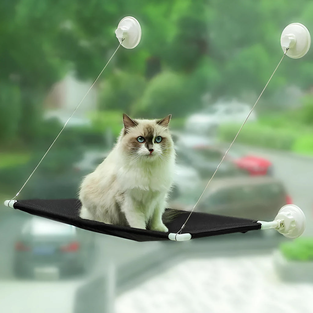 Black suction cup cat hammock, foldable hanging cat nest for balcony or window glass, fibre tube cloth