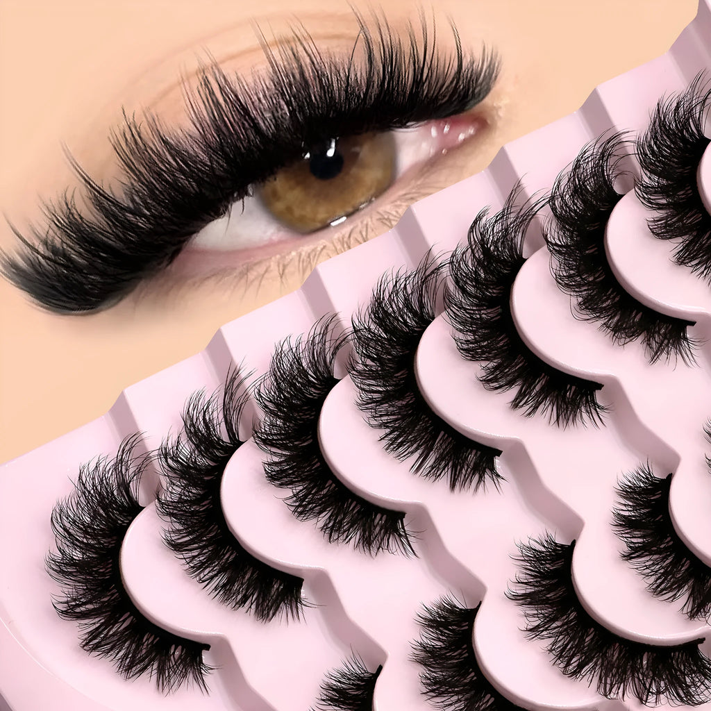 Box of artificial fibre false eyelashes and adhesive glue for a natural long, thick lash look.