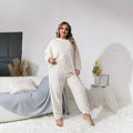 Women's milk white plush two-piece casual set with crew neck top and trousers