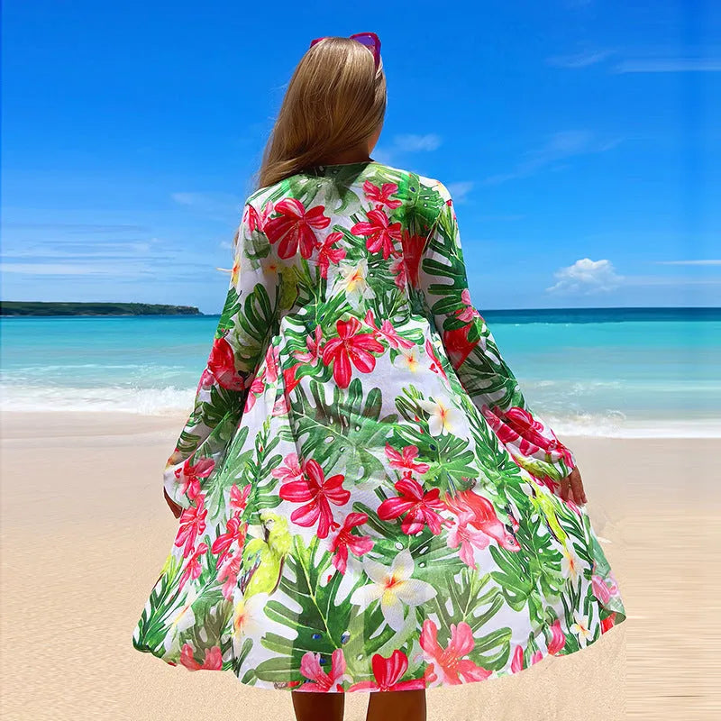 Women's printed nylon three-piece swimsuit set with top, pants, and coat in blue, green, and rose red