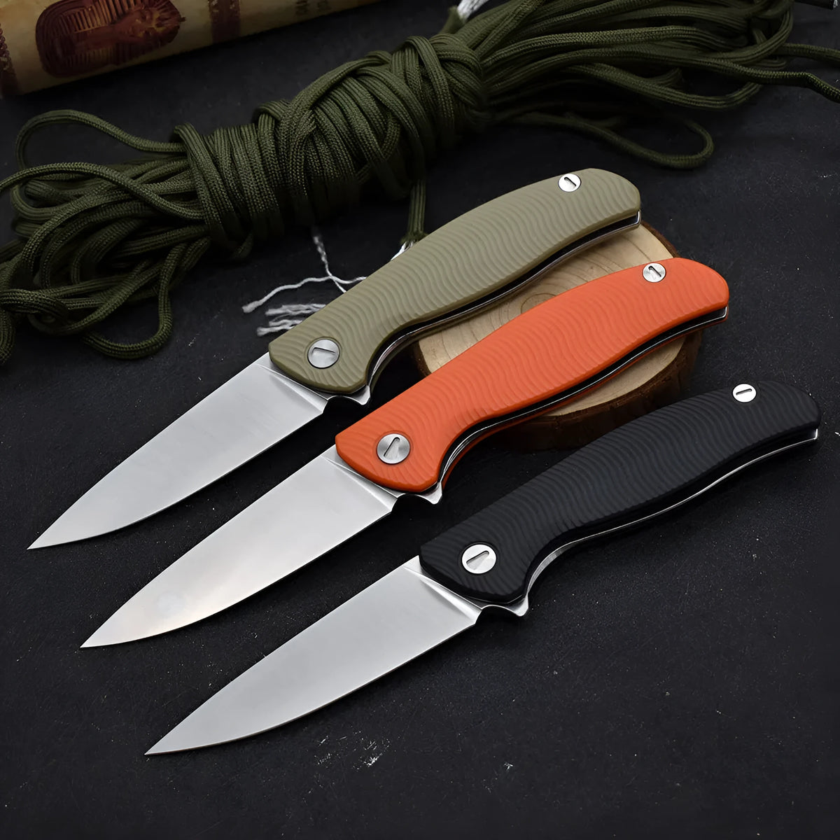 Outdoor folding knife with 9.6cm D2 steel blade and black nylon glass fibre handle
