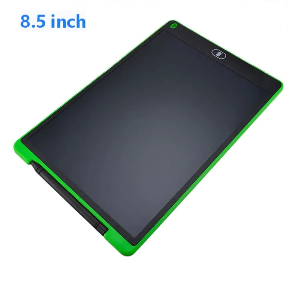 Children's LCD electronic handwriting board in blue colour with stylus pen on a table.