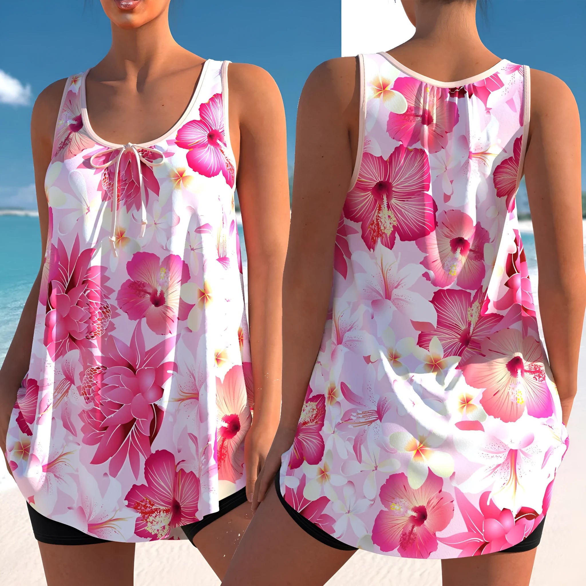 Pink printed plus size tankini swimsuit with high-waist briefs on a hanger.