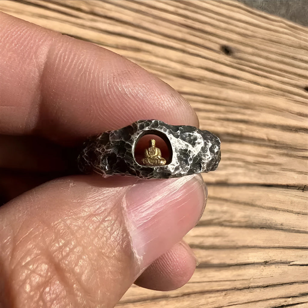 Hand-forged copper Buddha ring with grotto rock texture, retro style, shown on a finger.