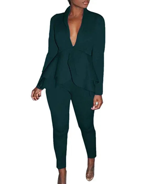 Women's ruffled air layer top and pencil pants business casual uniform set
