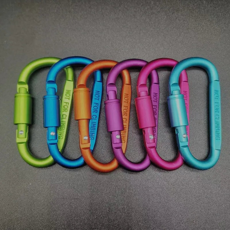 D-type aluminium locking carabiner in a choice of colours, showing 8cm flat size.