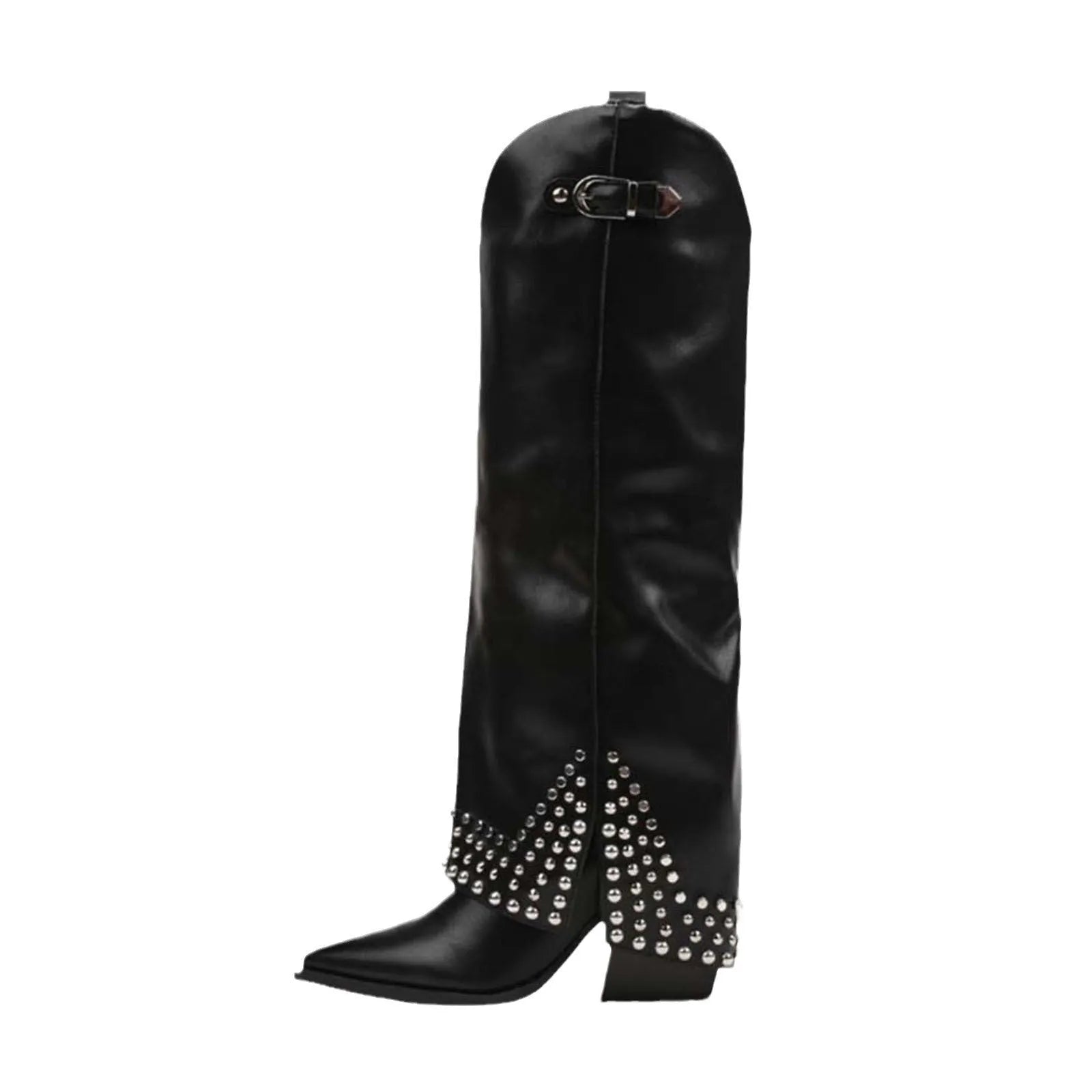 Women's black frosted rivet pantyhose boots with rubber soles and microfiber suede leather upper