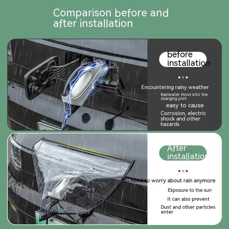Black waterproof PVC rain cover for electric vehicle charging gun with magnetic strips.