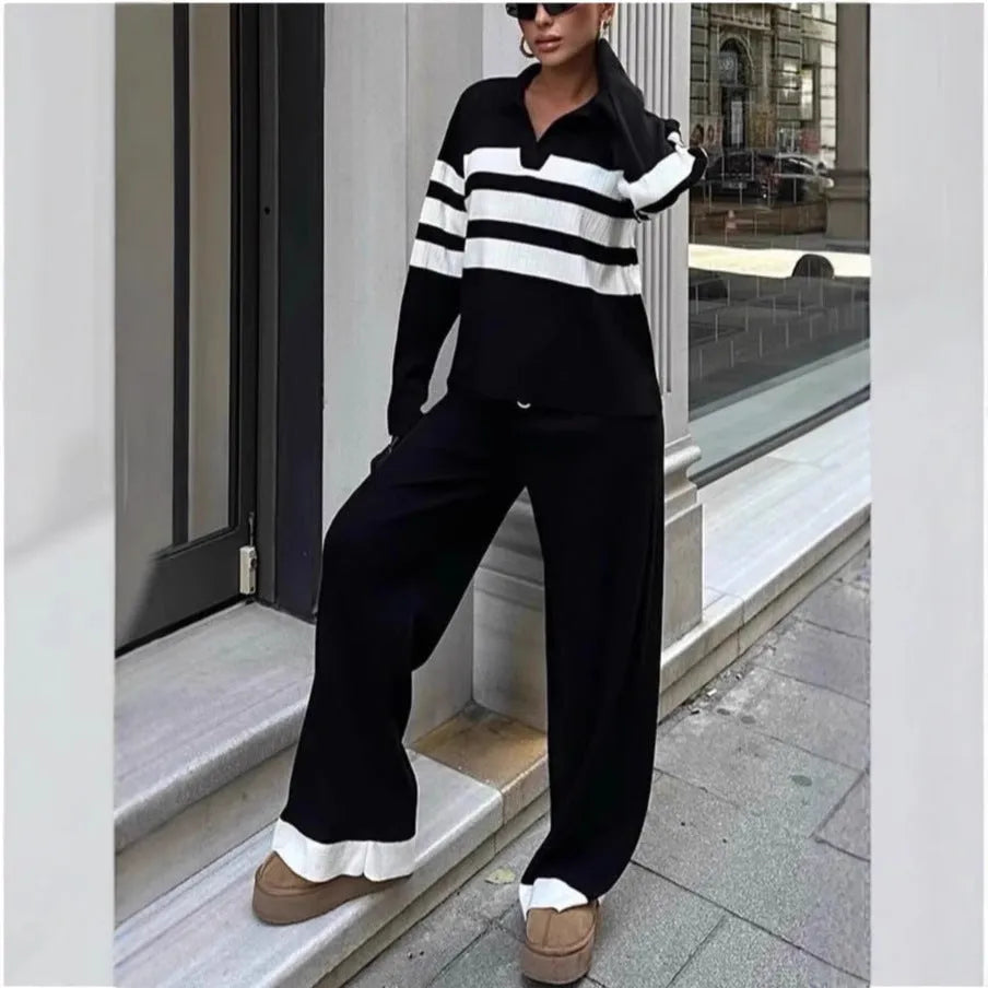 Women's black and white striped knitted two-piece set with polo collar top and trousers