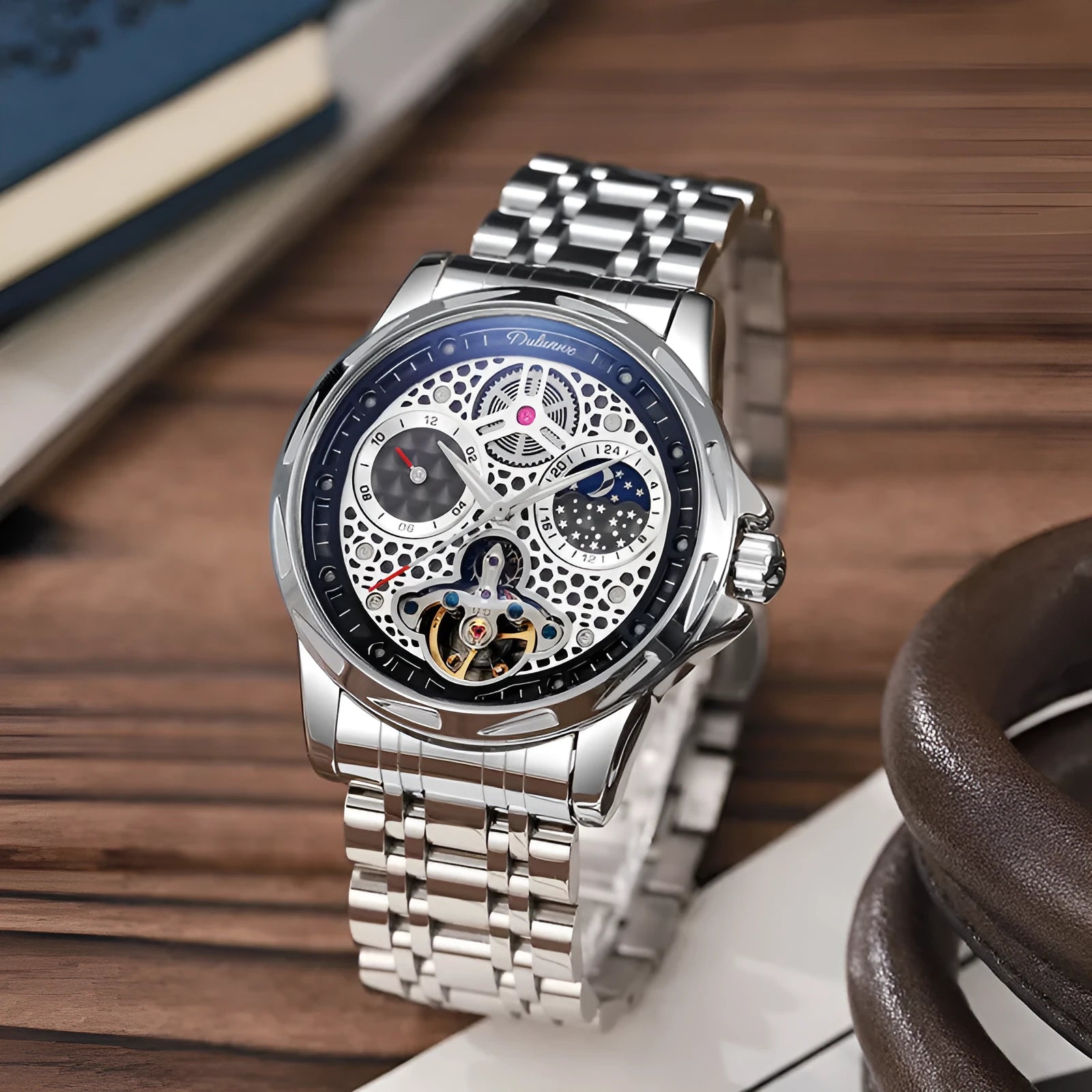 Men's business watch with luminous hands showing black dial and steel bracelet option