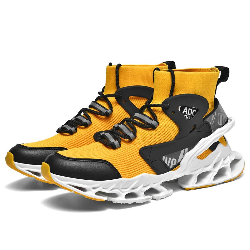 Ultra-light shock-absorbing running blade fly-knit sneakers in black, mid-top lace-up men's sports shoes
