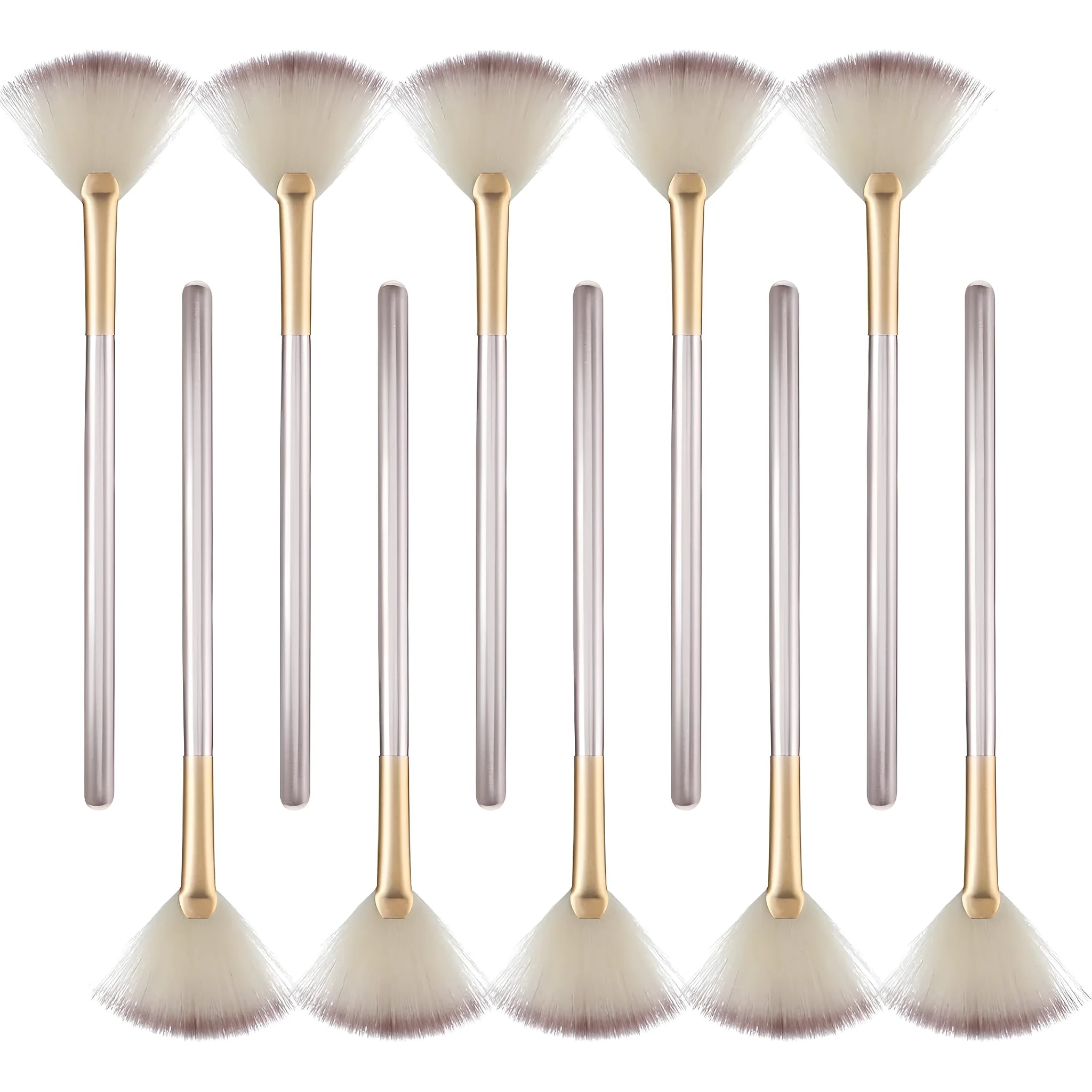 Ten champagne-coloured fan makeup brushes with soft fibre bristles and protective covers laid out.