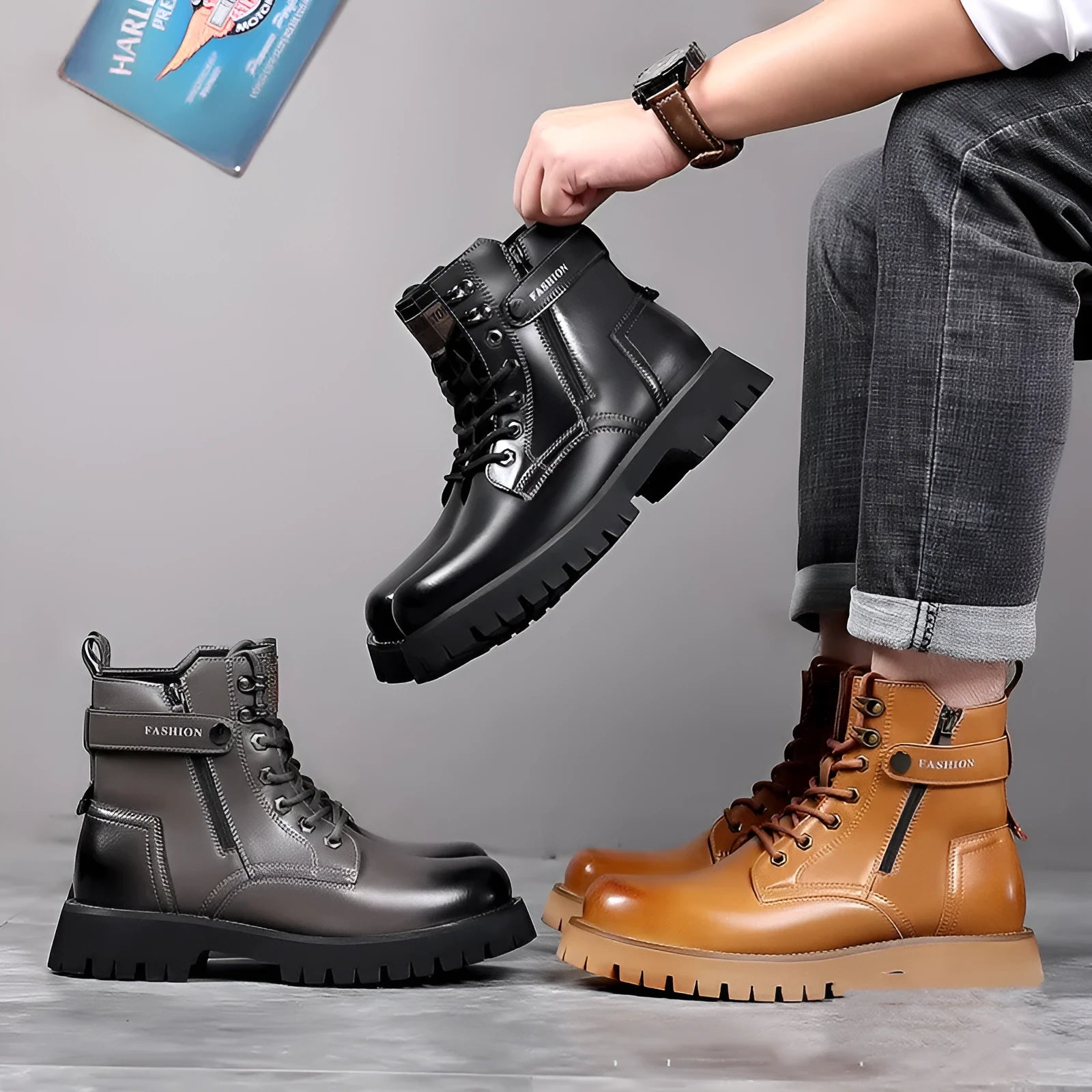 Men's light brown Martin boots with thick rubber soles and side zipper closure