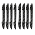 Black carbon fibre texture car door edge protector strips laid out flat.