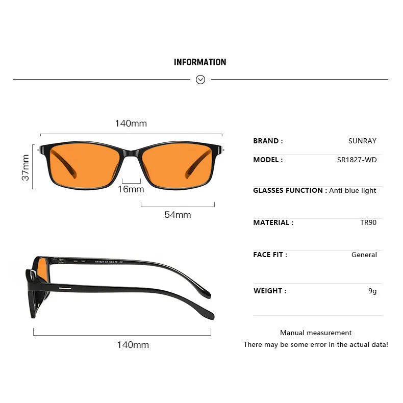 Orange anti-blue light glasses on a colour box, showing one of four available frame colour options.