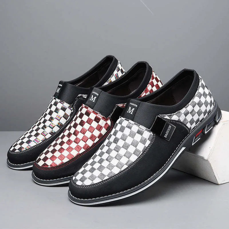 Men's large size business casual shoes with grid pattern and colour blocking, available in red, black, and white, sizes 39-50.
