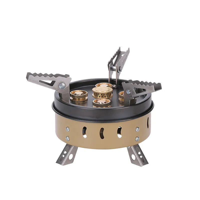 Portable windproof camping gas stove in dark khaki with cloth bag, 11000 power butane fuel, 1 kg weight