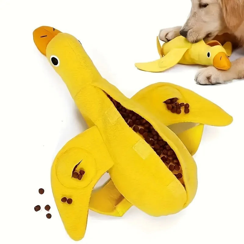 Yellow teddy dog toy with duck attachment and sound module for training and teeth stimulation