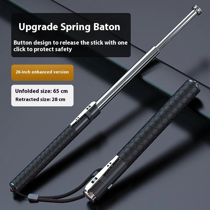 Titanium black automatic spring expandable baton in three sizes: 16-inch, 21-inch, and 26-inch lengths.