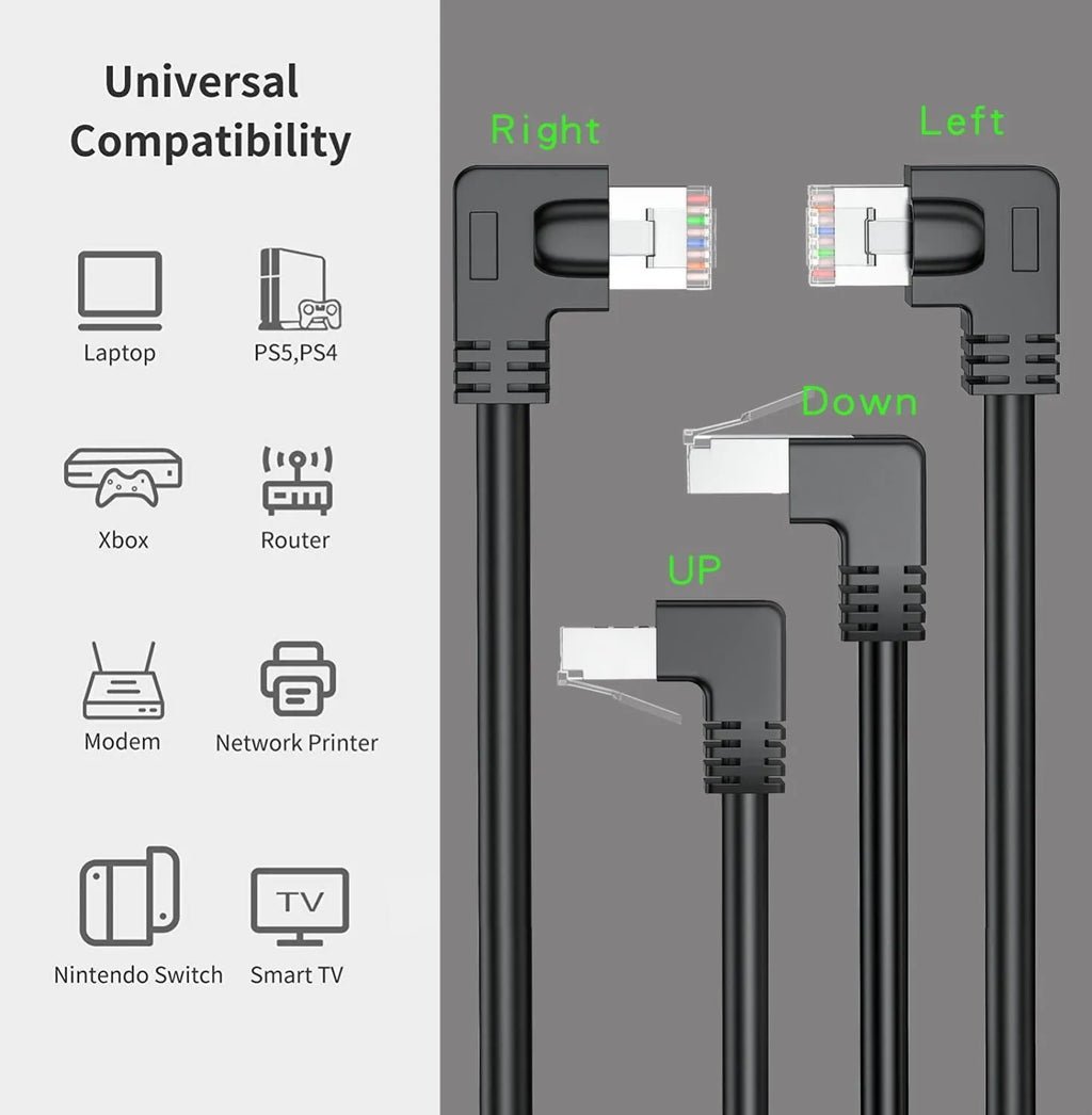 Cat6 Ethernet cable with a right-angle metal RJ45 connector in black, showing its low-profile design.