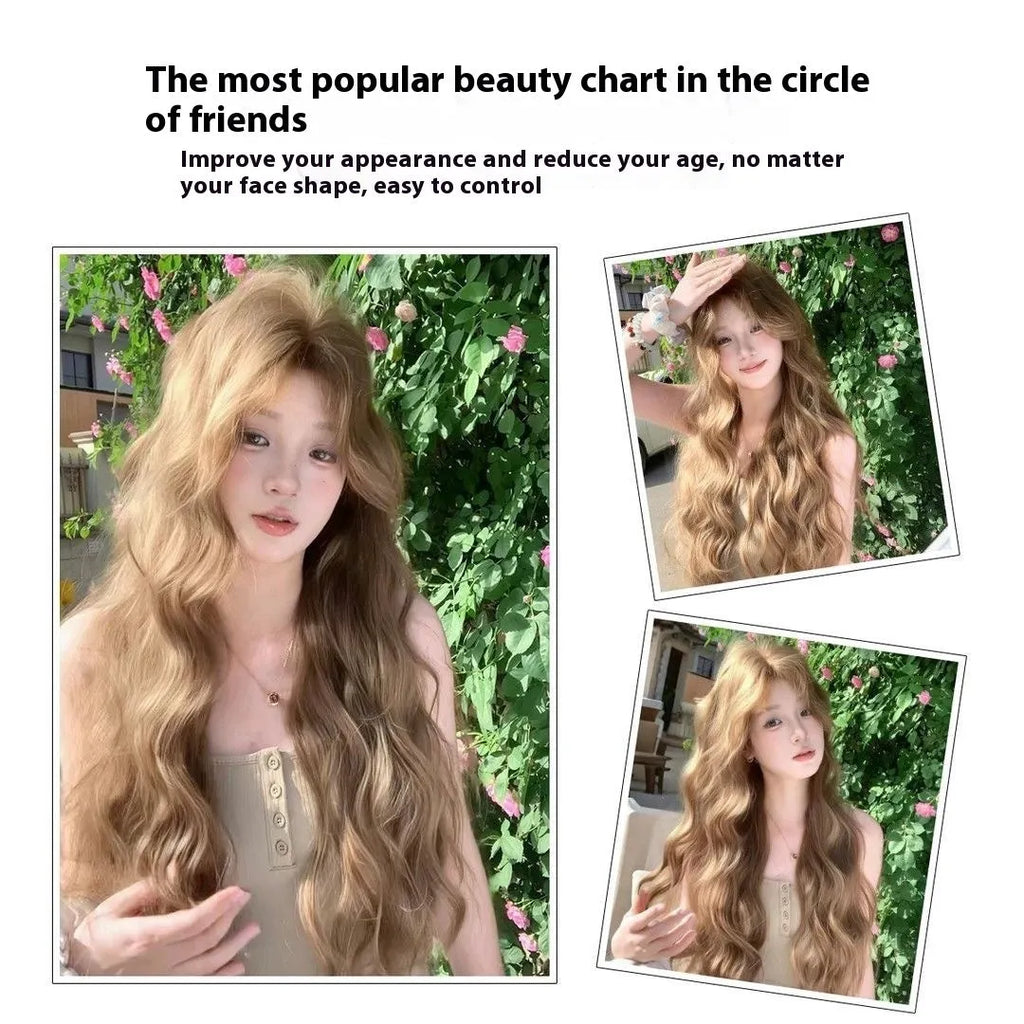 A brown curly synthetic wig with a linen hue and medium length on a wig stand.