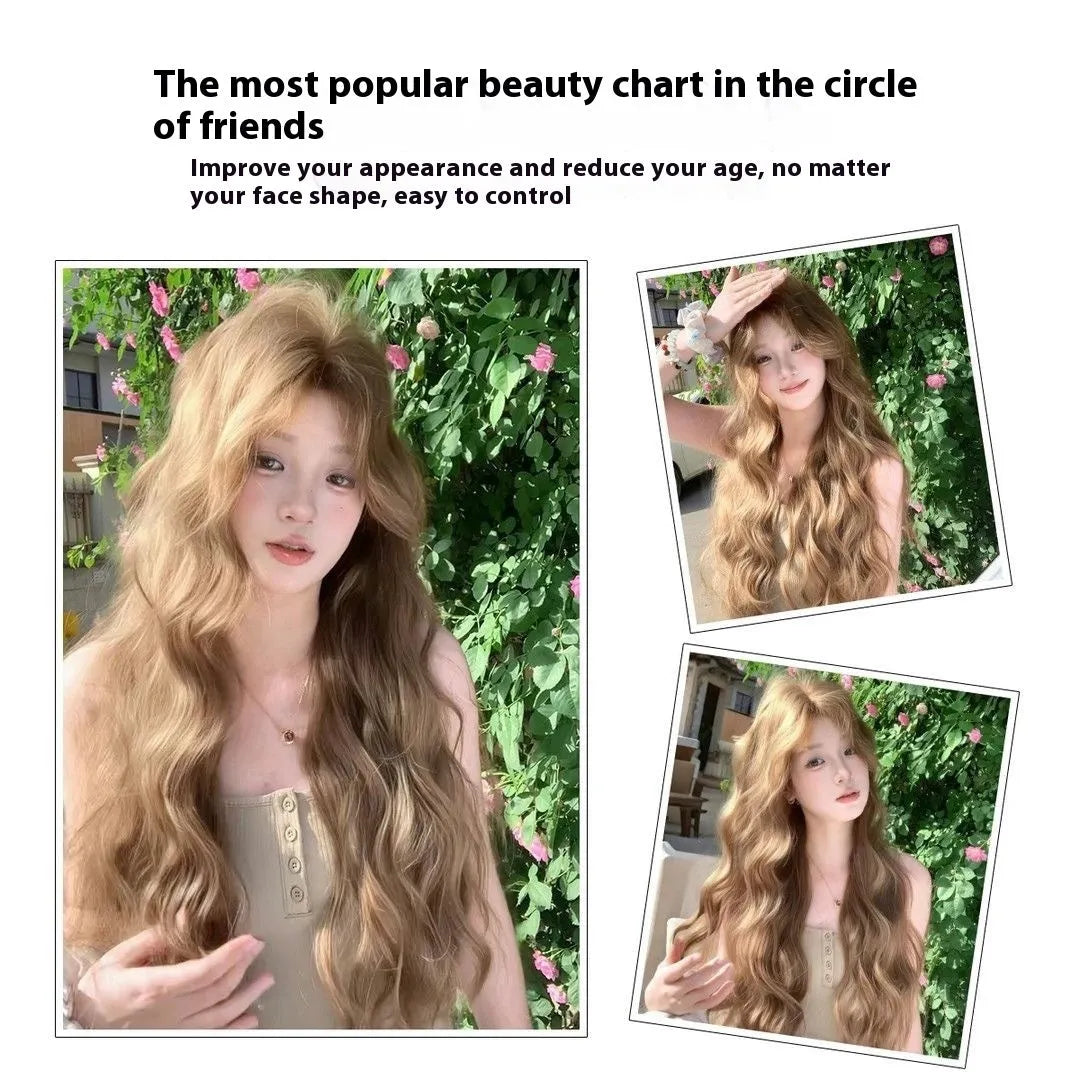 A brown curly synthetic wig with a linen hue and medium length on a wig stand.