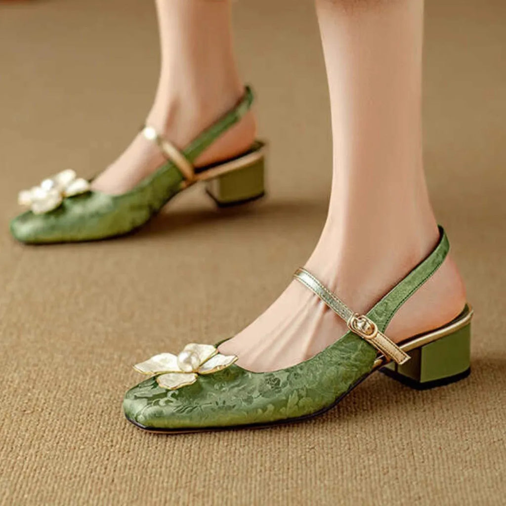 French retro square toe high heels for women in apricot colour with mid heel and PU upper