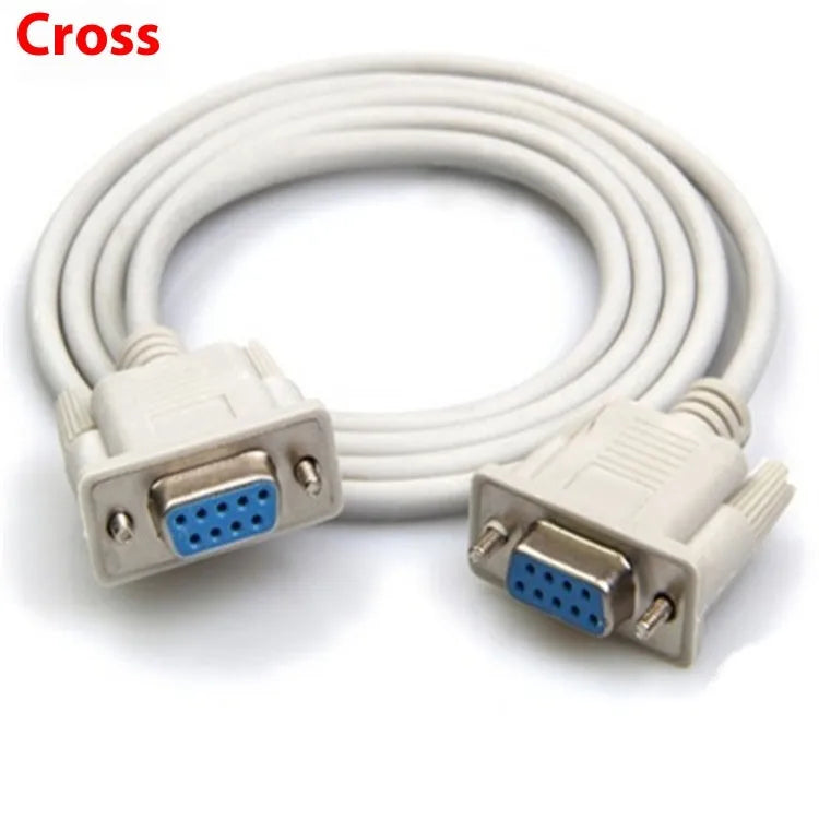 Close-up of a milky white RS232 serial cable with two female DB9 connectors.