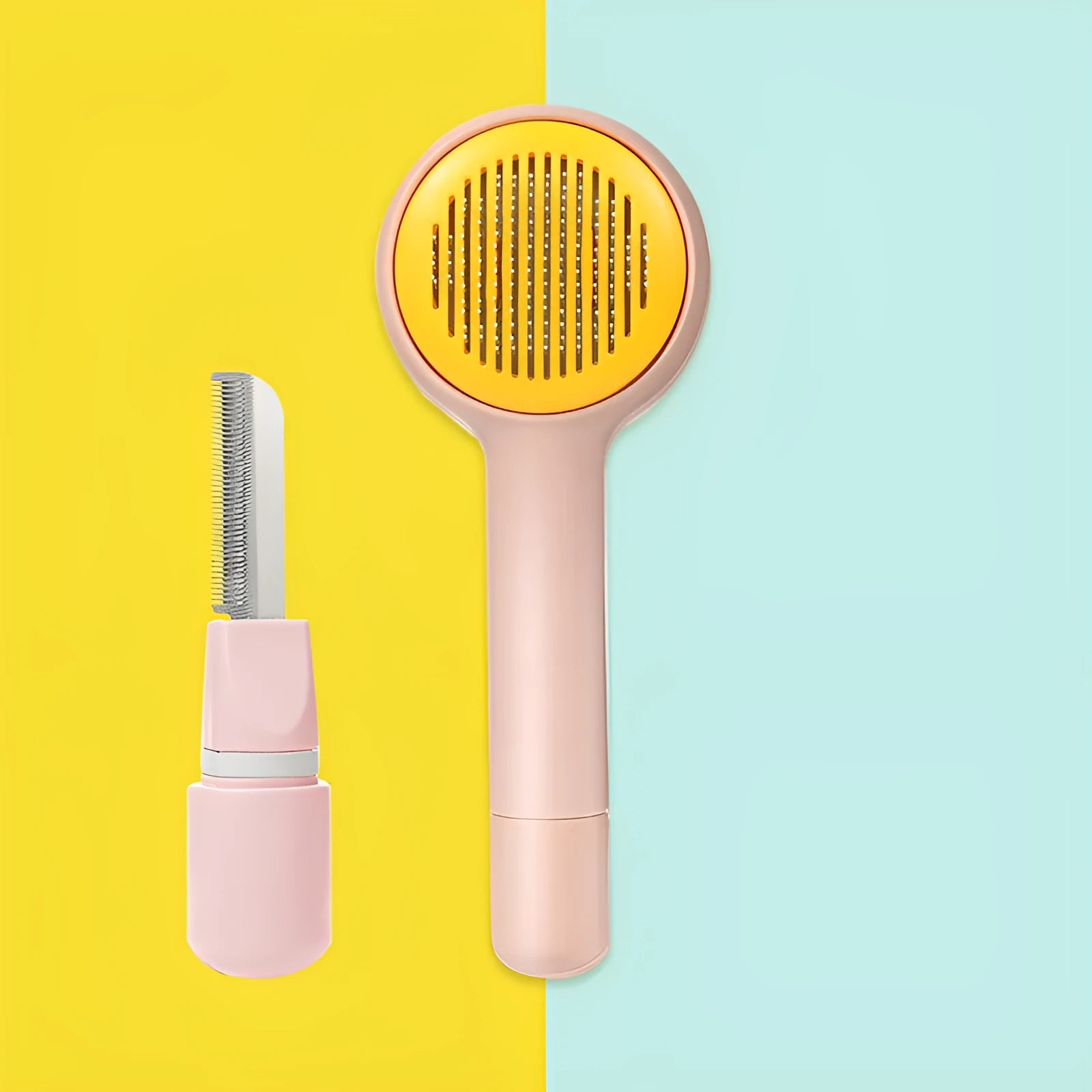 Pink cat combing brush floating needle comb for cats and dogs on white background