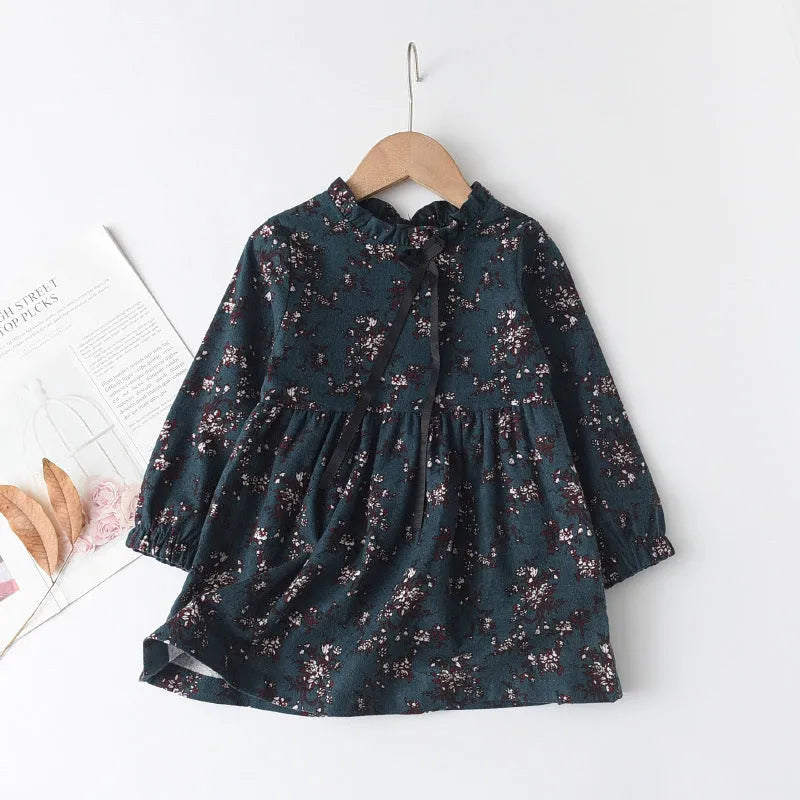 Little floral cotton girls' ribbon bowknot dress in pink, long sleeves, princess style for heights 90-150cm