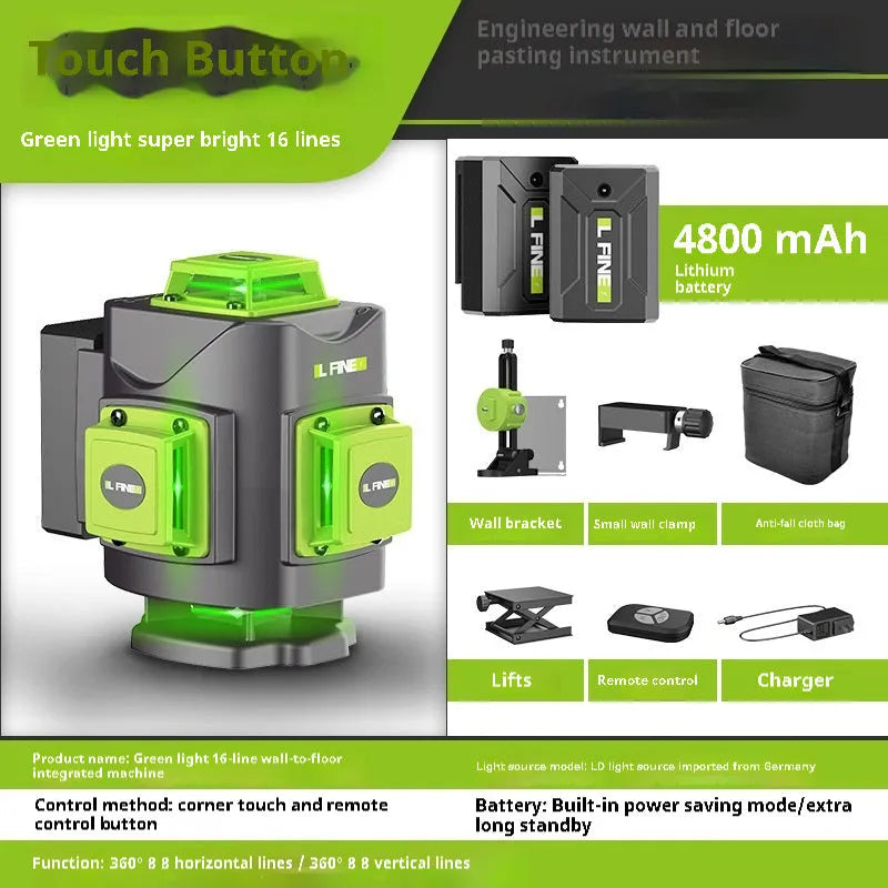 16 line 3D green laser level with nylon and aluminium construction measuring 11x13.5x13.5cm