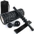 Black handheld foam massage roller stick with six gear pieces, 33cm long