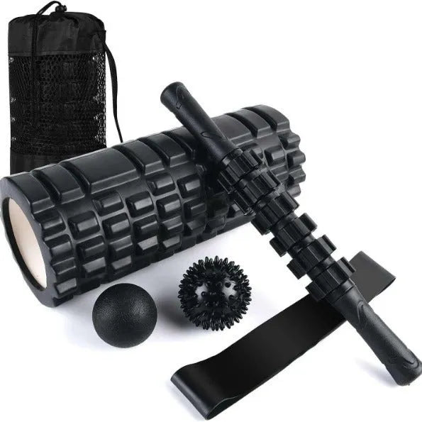 Black handheld foam massage roller stick with six gear pieces, 33cm long