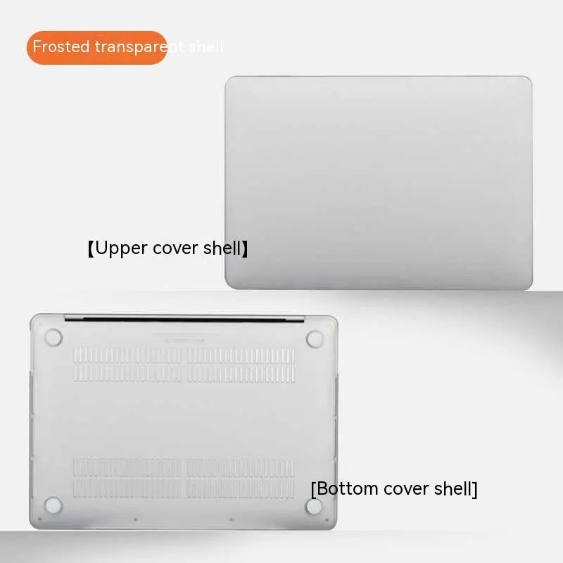 MacBook protective case in transparent and frosted finishes showing full laptop coverage