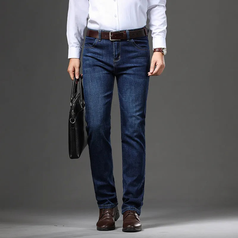 High-stretch denim trousers in straight-leg business casual style with zip placket