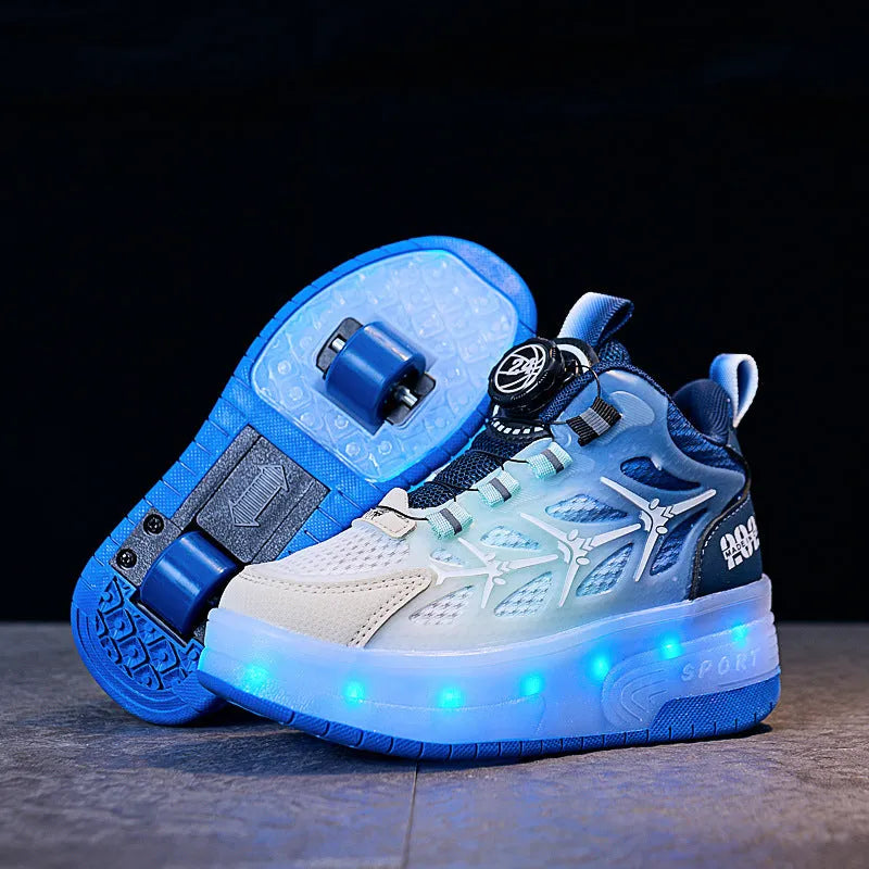 Children's striped roller skates with a large adjustment knob on the heel, shown in blue.