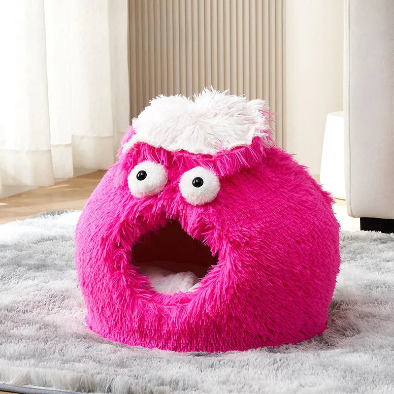 Blue closed cat bed nest made of soft plush fabric, 40x40x35cm, with small entrance for indoor cats