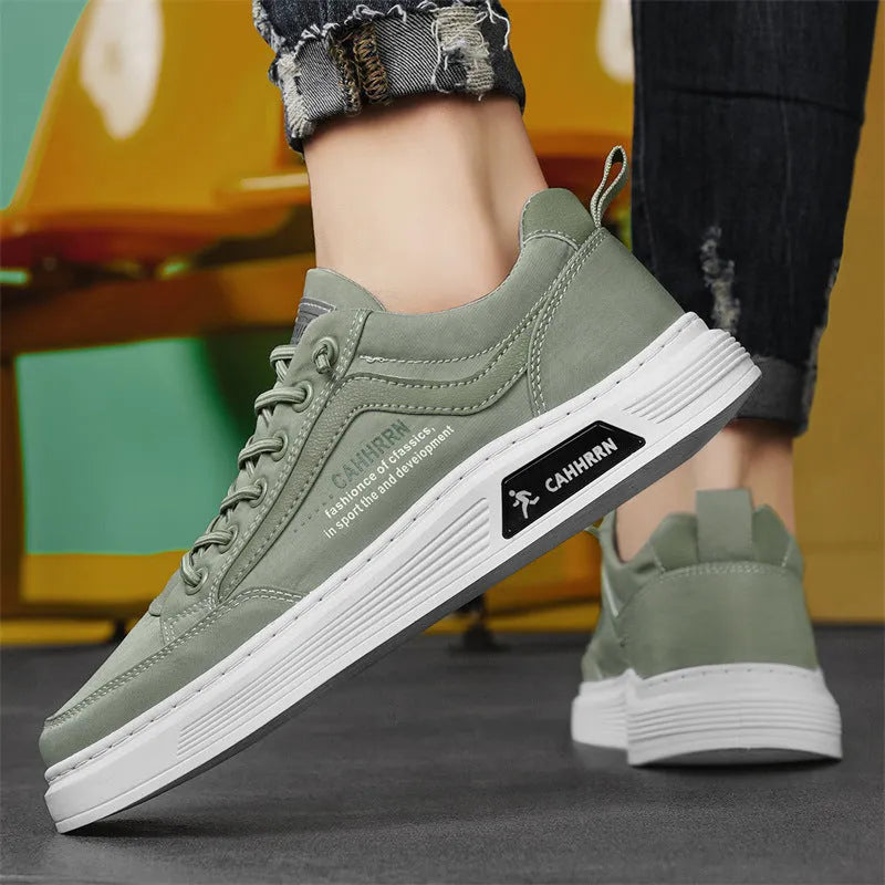 Retro elastic band men's casual sports shoes with umbrella cloth upper and PVC sole, in Army Green, low top, round toe.