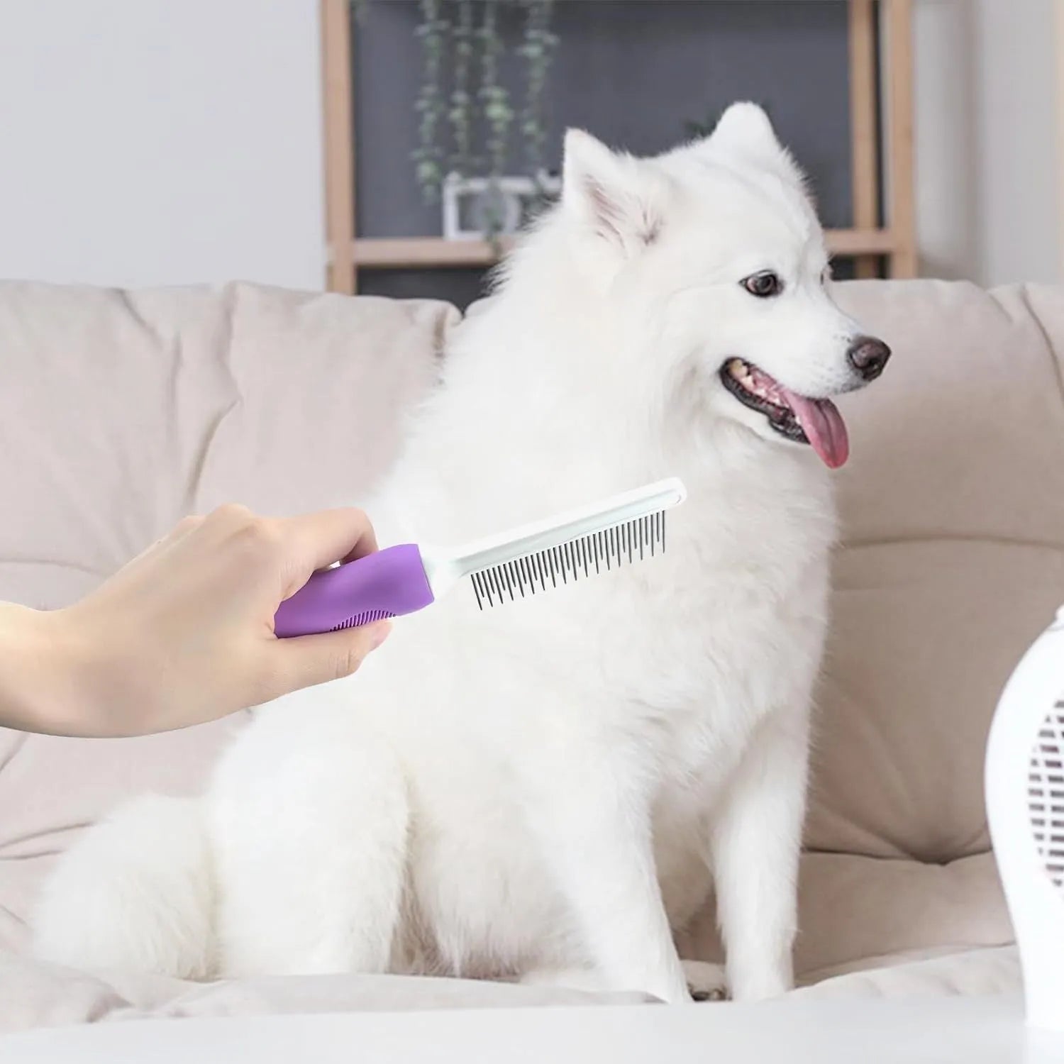 Purple pet detangling comb with stainless steel teeth for dog and cat grooming