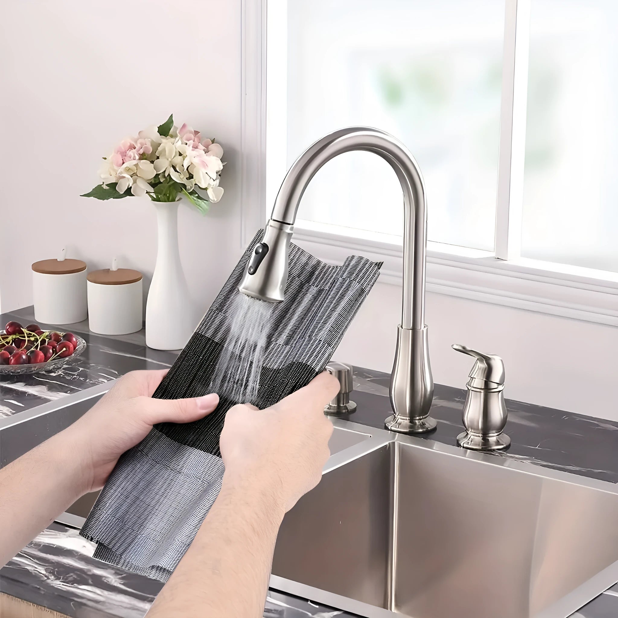 Non-slip PVC dish mat in gradient bamboo pattern protecting a kitchen countertop.