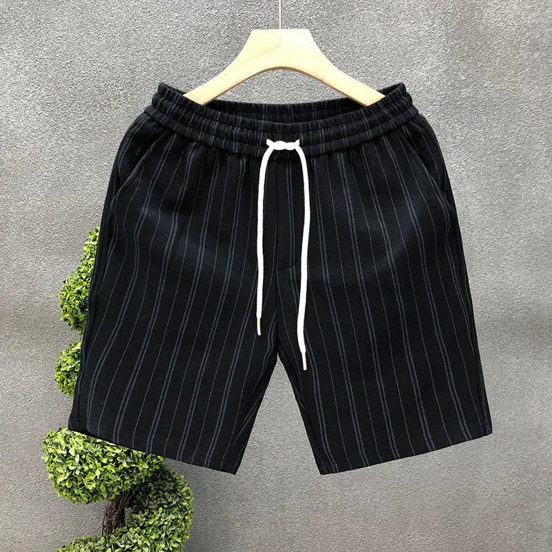 Men's black and white striped fleece-lined casual shorts with micro-elastic fabric