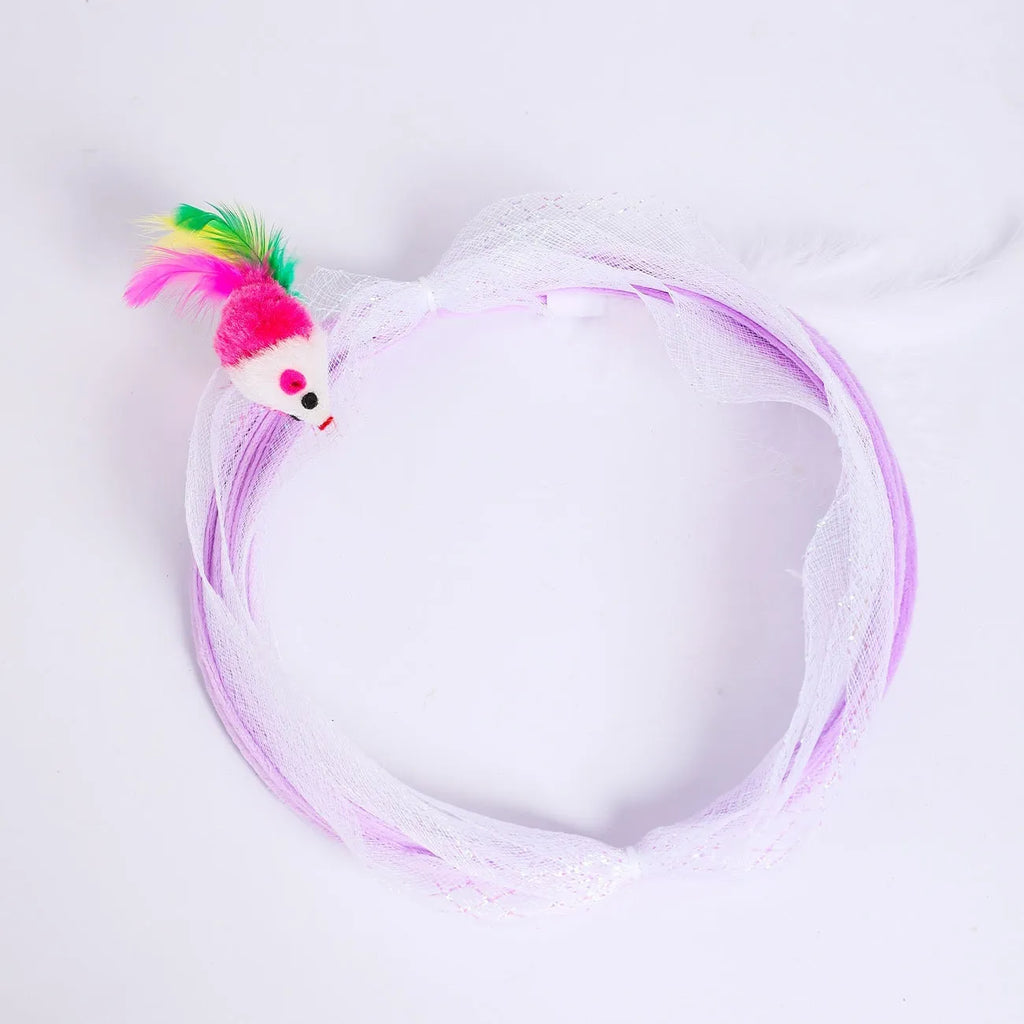 S-type steel frame cat tunnel with elastic netting and dangling feather toys for feline play