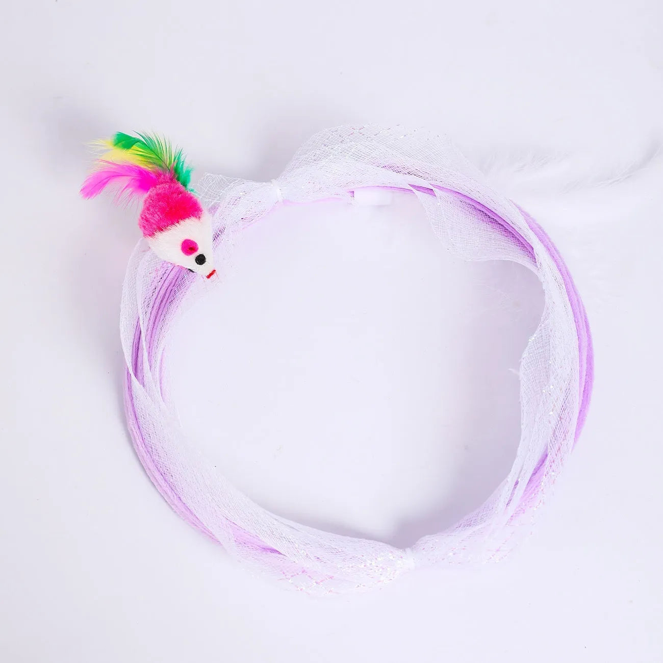 S-type steel frame cat tunnel with elastic netting and dangling feather toys for feline play