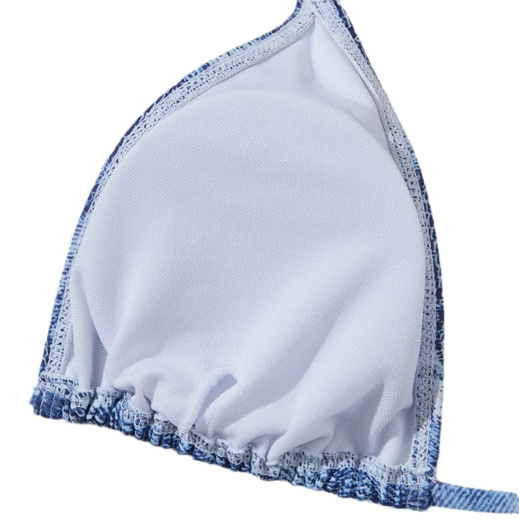 Women's denim print bikini set with adjustable straps in denim blue colour