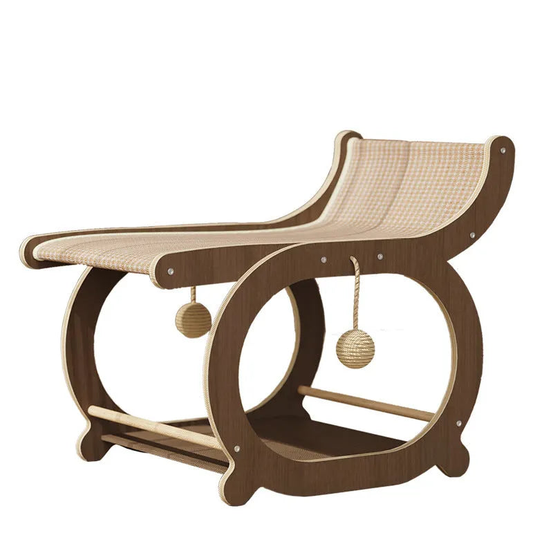 Solid wood recliner-style cat scratcher and bed with sisal surface in walnut colour.