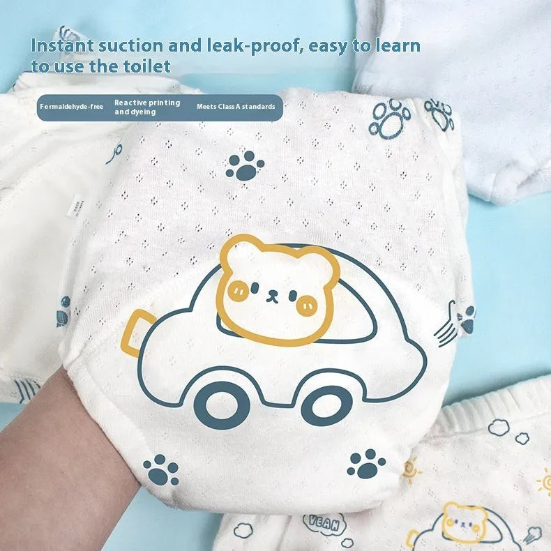 Reusable pure cotton cloth diaper with waterproof layer in bear and strawberry rabbit prints, sizes 90 to 110