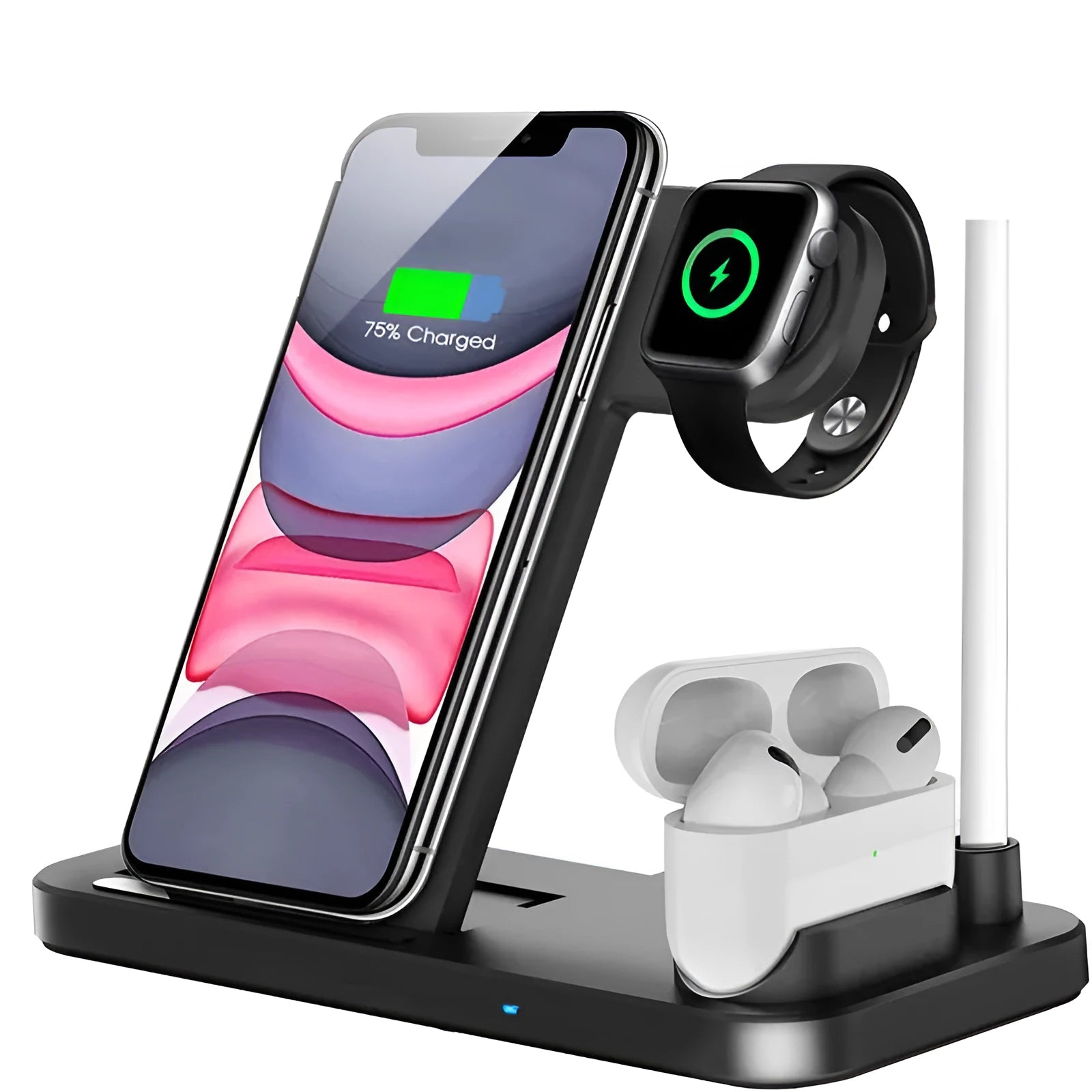 Folding 4-in-1 wireless charging stand in black showing smartphone charging vertically